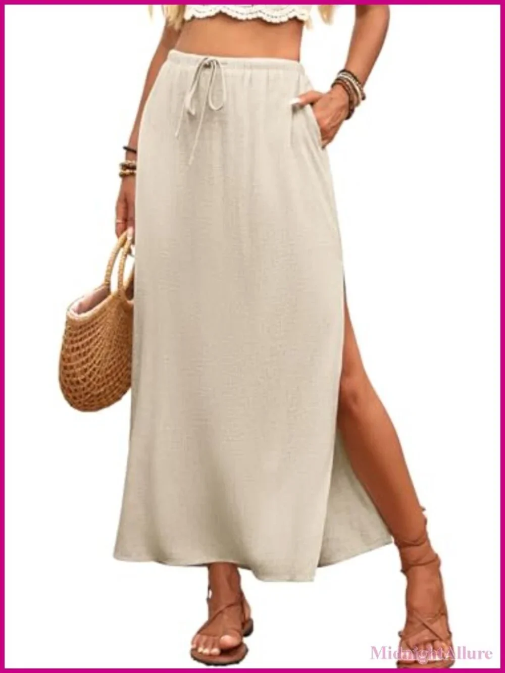 Linen Straight Maxi Skirt with Side Slit - Elastic Waist Drawstring Long Flowy